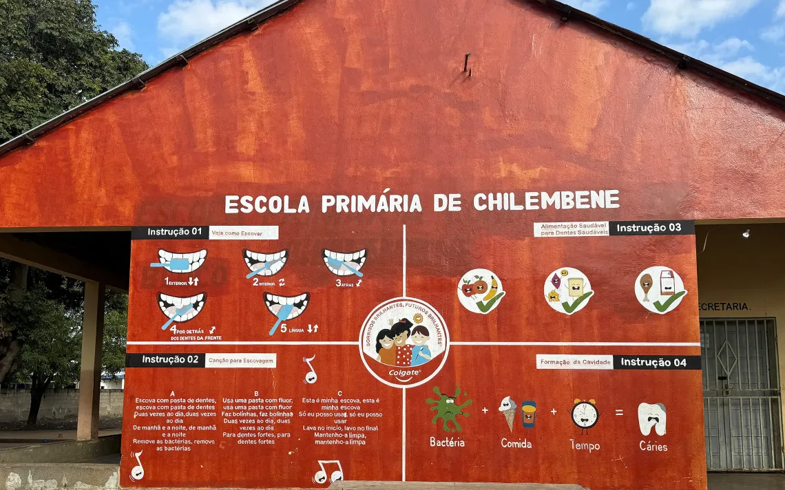 Mural vermelho com infogr&aacute;ficos e o t&iacute;tulo 'Escola Prim&aacute;ria de Chilengue' na fachada de uma escola.