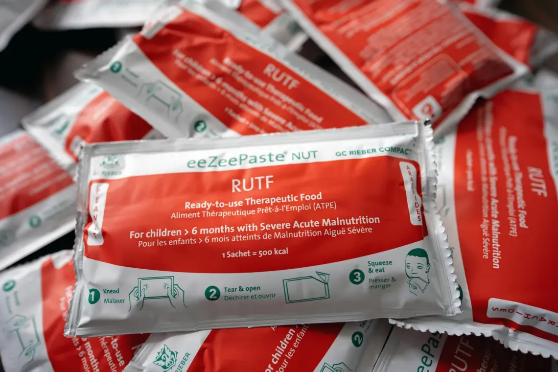 Multiple ready-to-use therapeutic food sachets pictured together. 