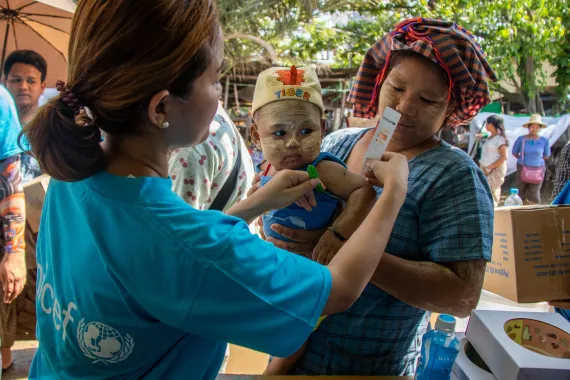 Nutrition teams screen children for malnutrition using the Mid-Upper Arm Circumference (MUAC) tape in earthquake-affected communities.