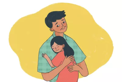 This image shows an illustration of a father and daughter embracing