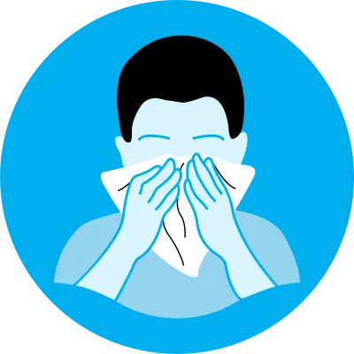 this image shows an illustration of a person sneezing into a tissue