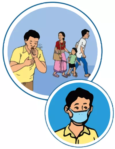 This image shows two illustrations: one of a person coughing and others staying away from him; second of a person wearing a mask 