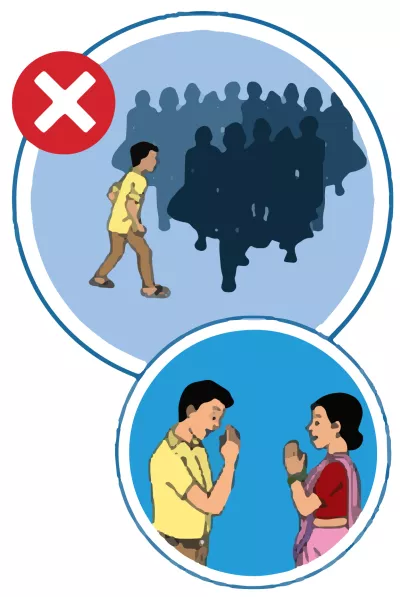 This image shows an image of a man walking into a crowd, which one should not do. It also shows a man and a woman greeting each other with a Namaste to avoid direct contact. 