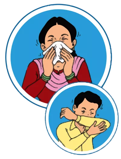 This image shows two illustrations: One, of a person sneezing into a tissue, and the second, of a person sneezing and coughing into their elbow