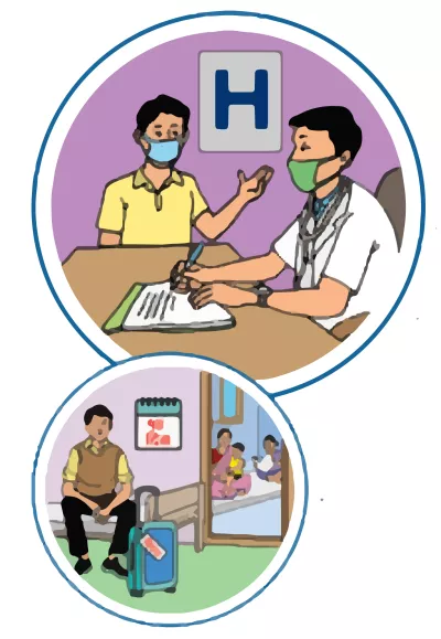 This image shows a man who has just returned from a COVID-affected seeking advice from a doctor, as well as isolating himself from his family