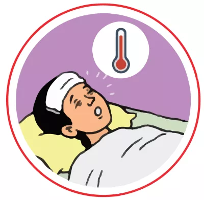 This image shows an illustration of a person with a thermometer in their mouth