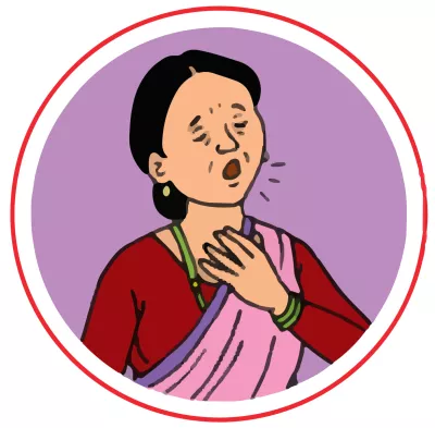 This image shows an image of a woman having difficulty breathing