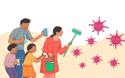 This image shows an illustration of a family with cleaning equipment fighting off the coronavirus