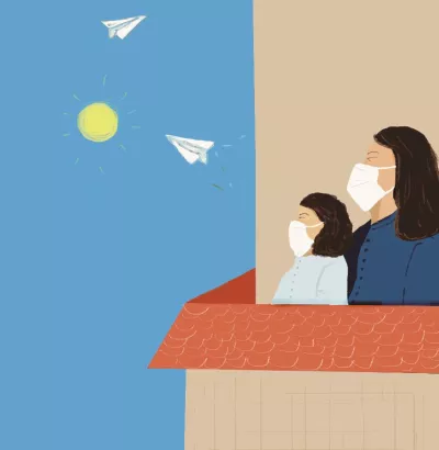 This image show an illustration of two people wearing masks and looking at paper airplanes as a symbol of hope