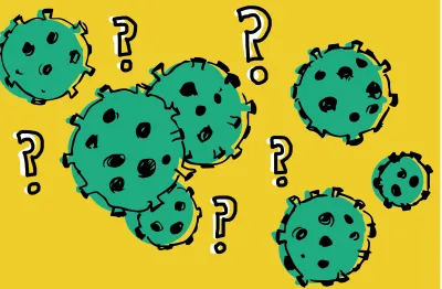 this image shows an illustration of the corona virus with question marks to represent confusion