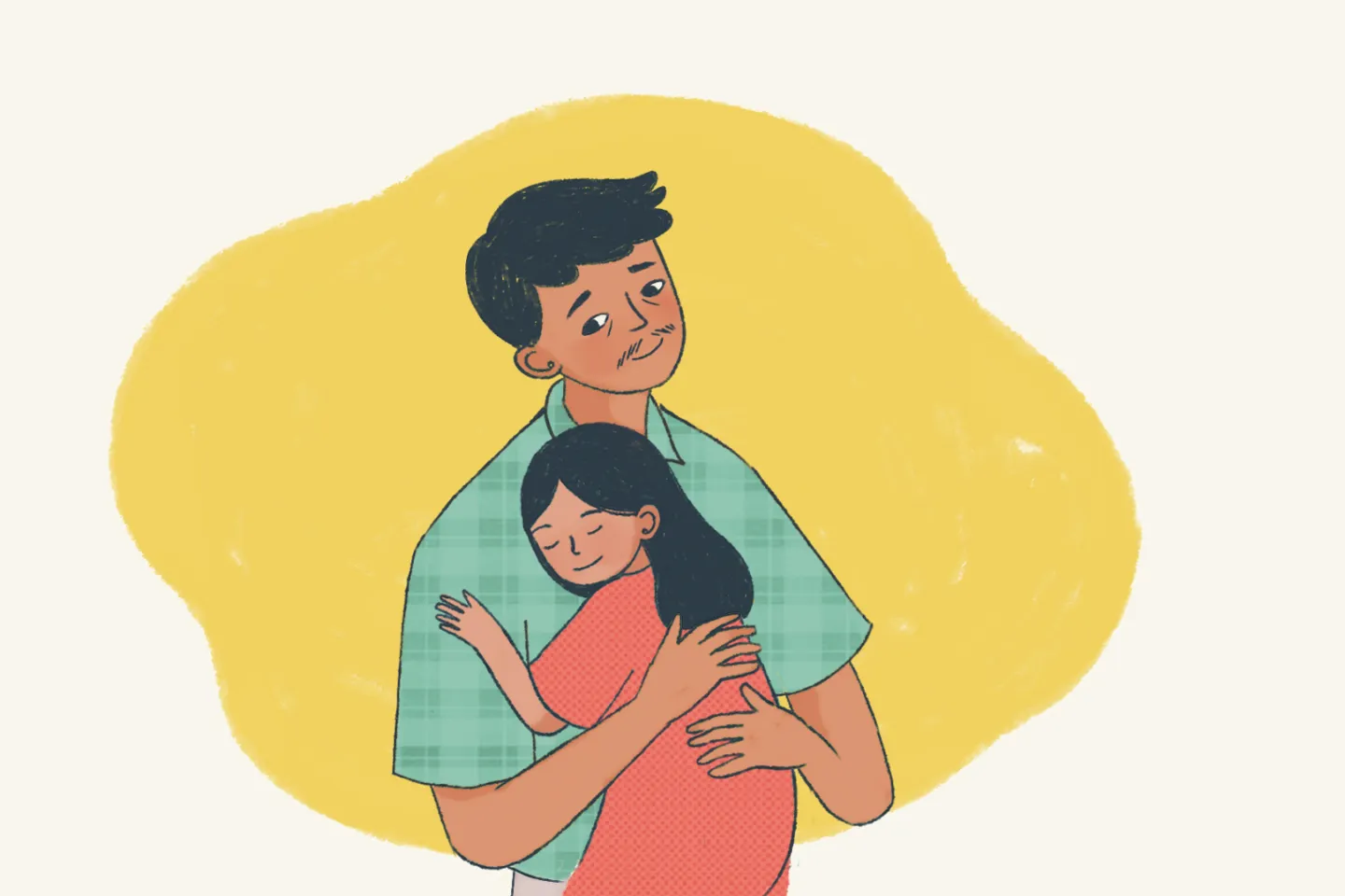 This image shows an illustration of a father hugging his daughter
