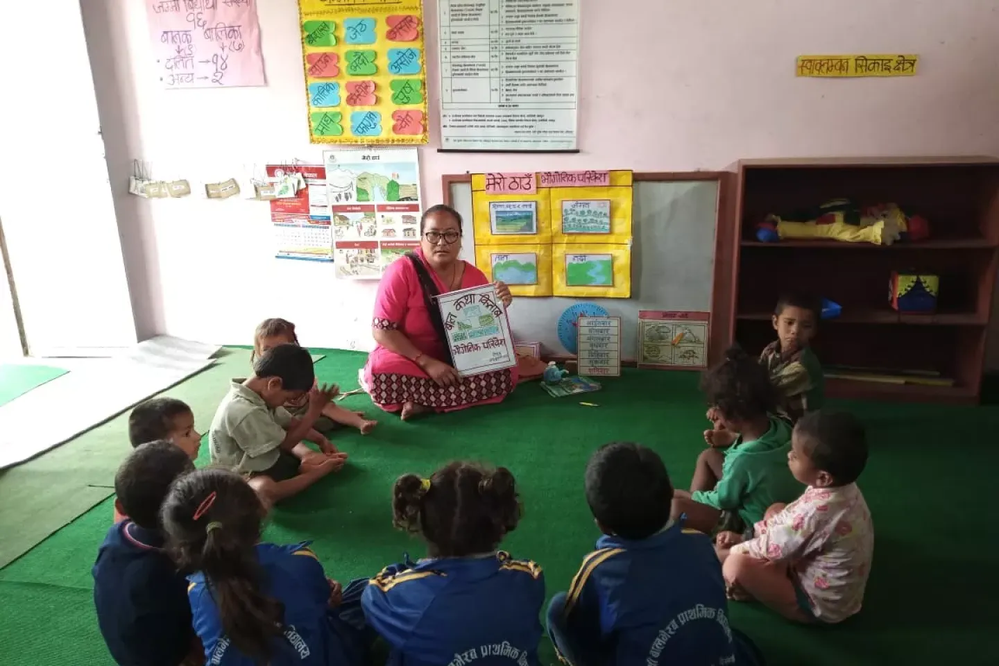 ECED teacher Indra Kumari Thapa (centre) in the midst of a session at the Balbhairav Basic School in Dailekh District in western Nepal. 