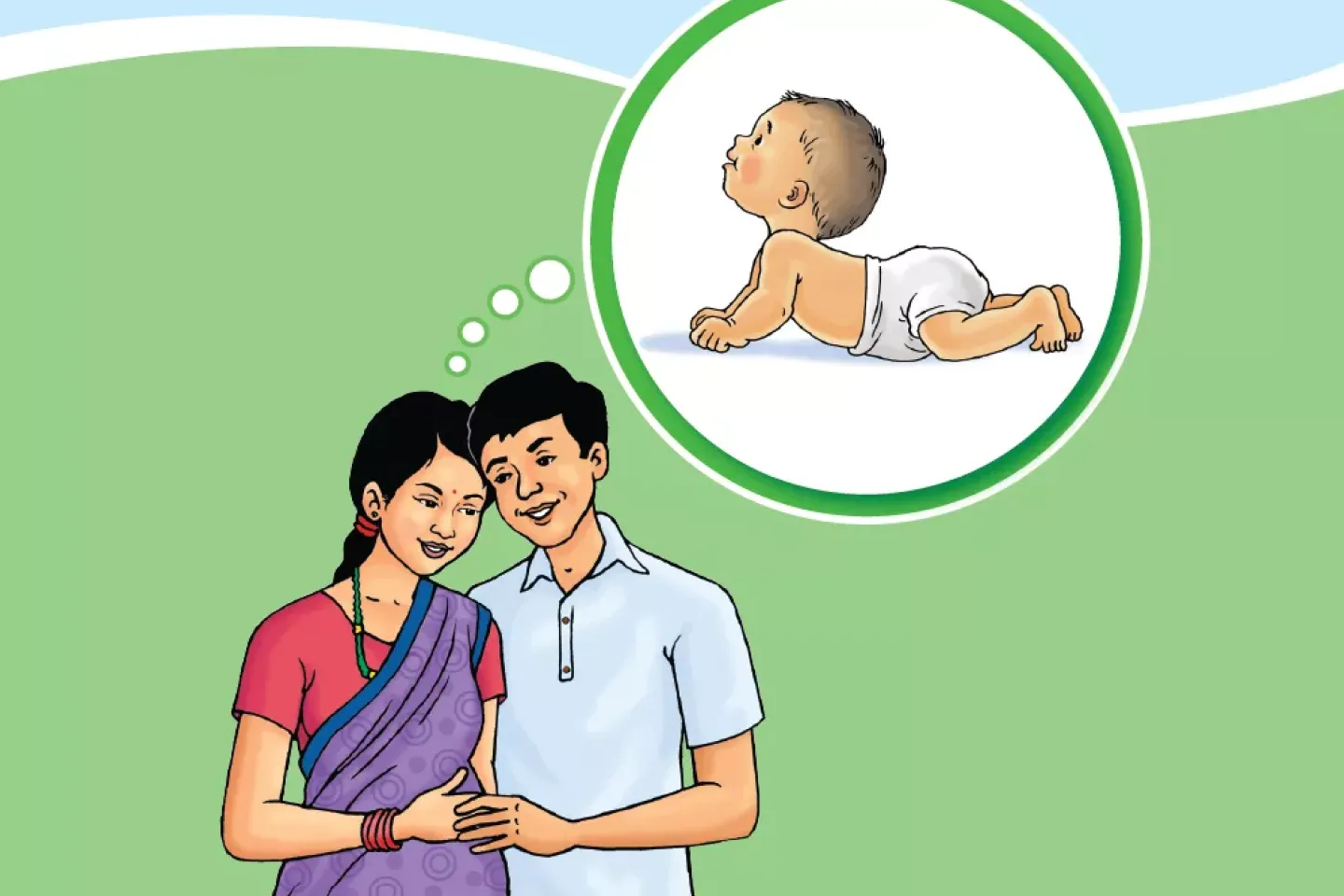 Illustration showing two prospective parents thinking of their young child