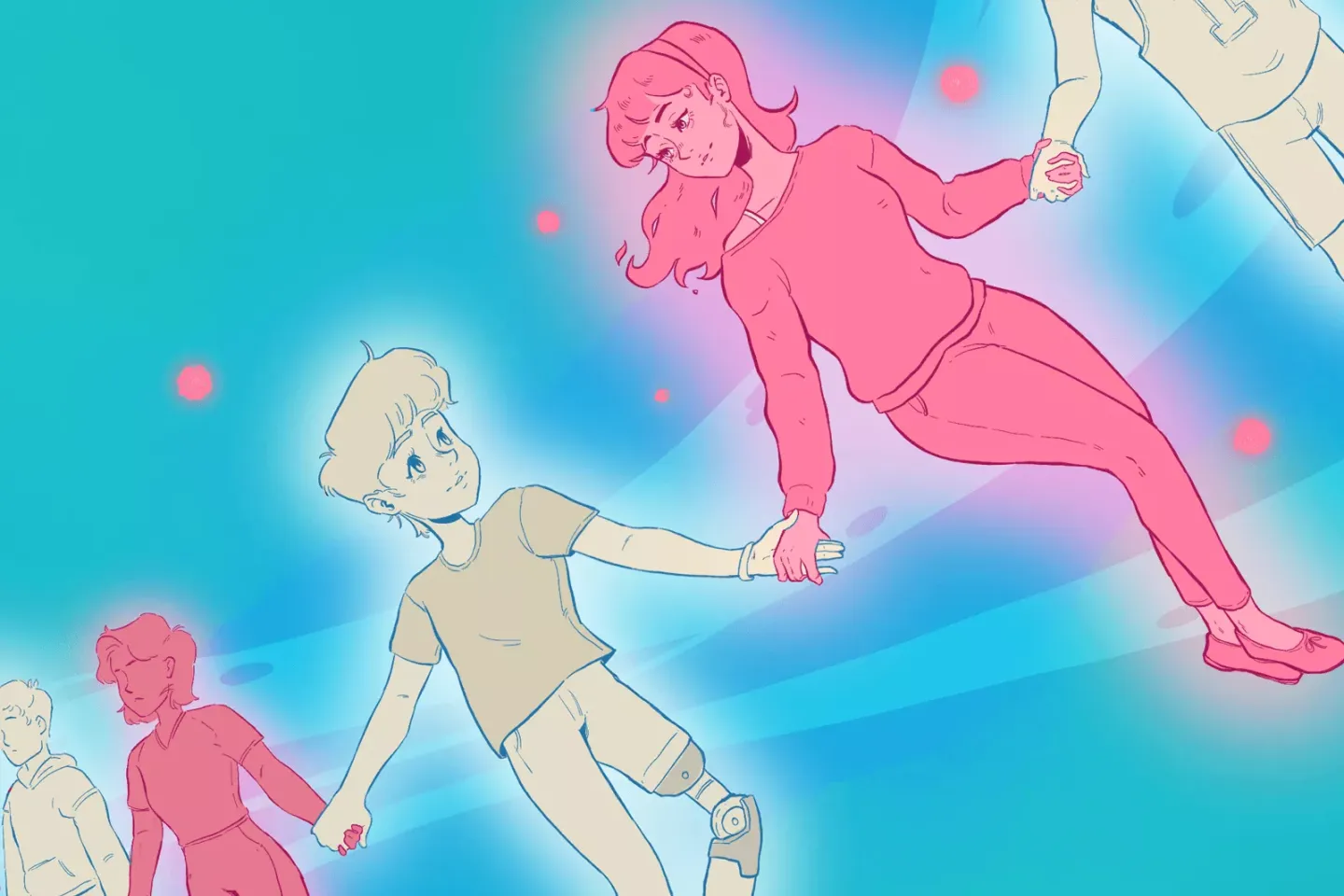 An illustration of boys and girls from inclusive holding hands