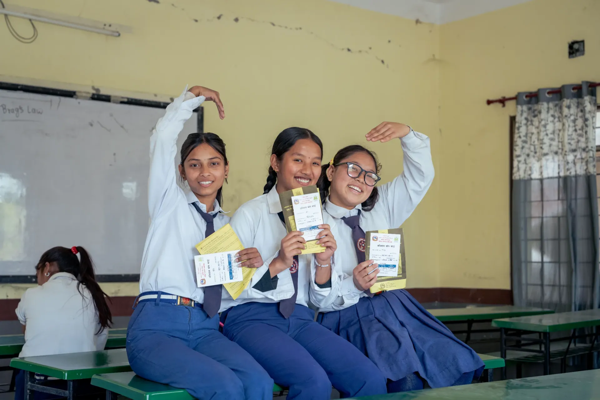 Adolescent girls, after receiving the HPV vaccination at Bhairahawa, Namuna Secondary School, Siddharthangar, Bhairahawa pose for a picture.