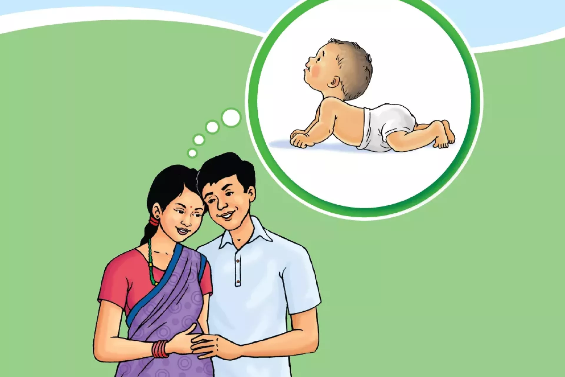 Illustration showing two prospective parents thinking of their young child