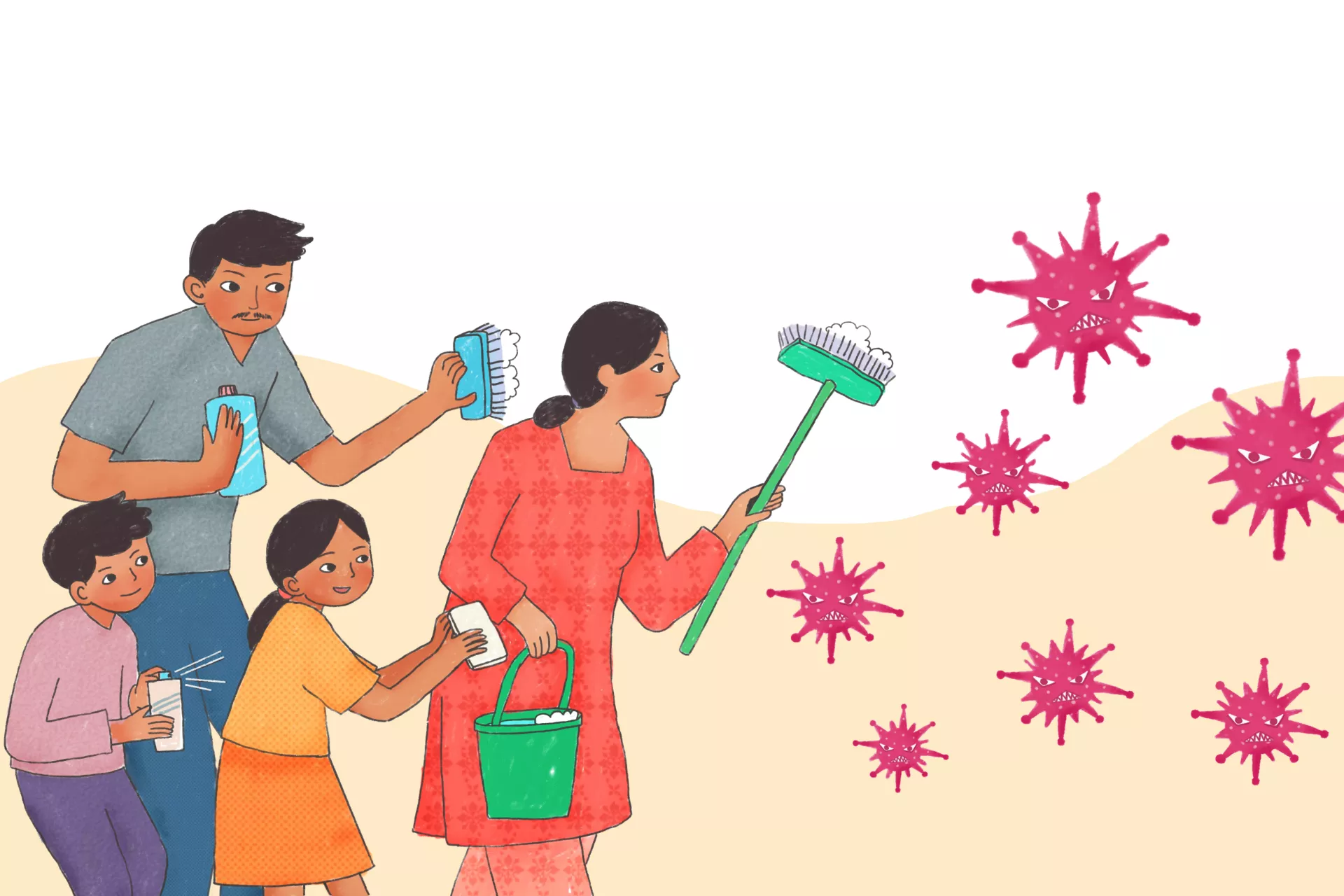 This image shows an illustration of a family with cleaning equipment fighting off the coronavirus