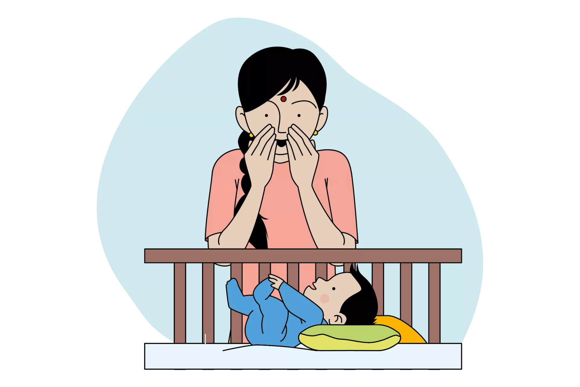 This image shows a mother playing peek-a-boo with her child