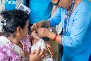 On 11 September 2026, local residents and families displaced by the recent flash floods queue to receive the Oral Cholera Vaccine (OCV) at Gerkhutar Health Office in Bidur Municipality, Nuwakot District, Nepal.,