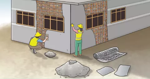 an illustration of workers repairing a house