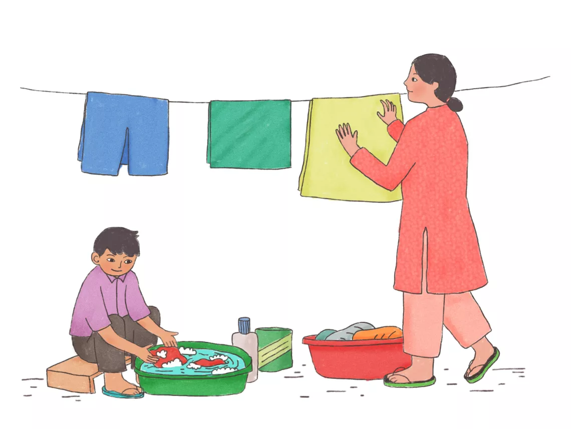 This image shows an illustration of a mother and son washing clothes