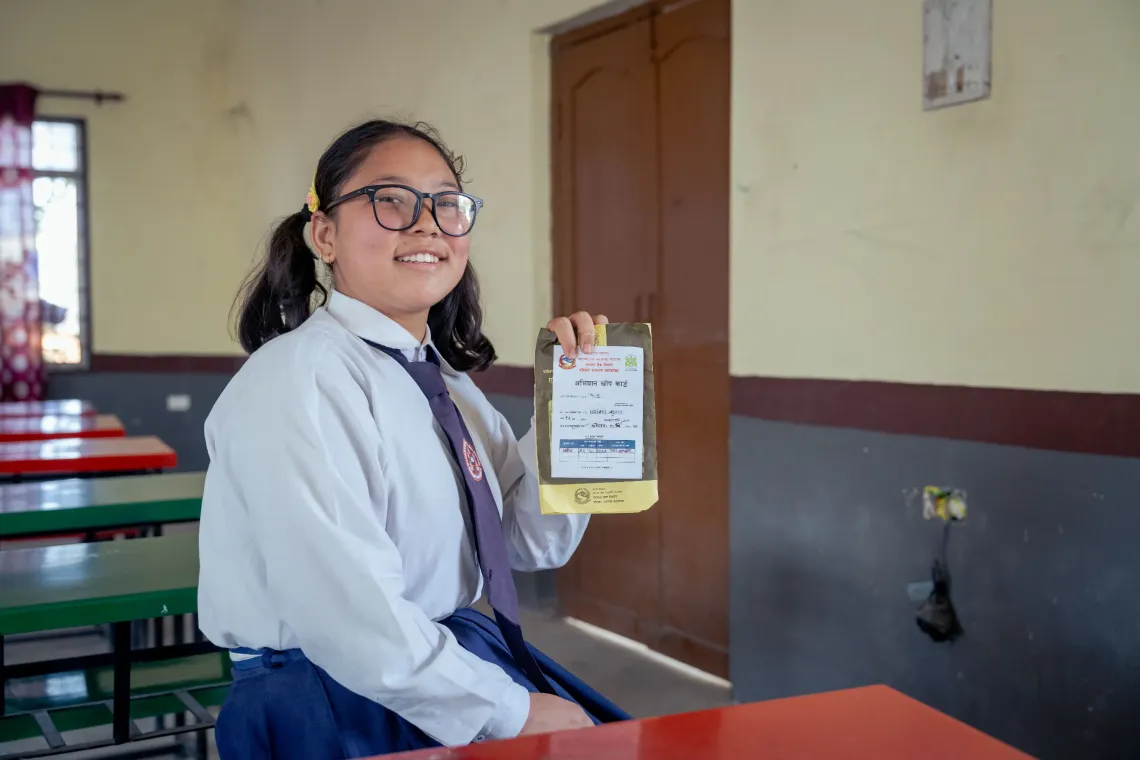 Prashansha Sunuwar, 15 years old after receiving the HPV vaccination at Bhairahawa Namuna Secondary School, Siddharthangar, Bhairahawa poses for a picture.
