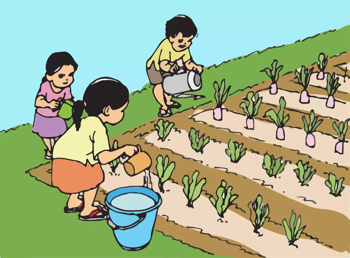 children planting on a farm