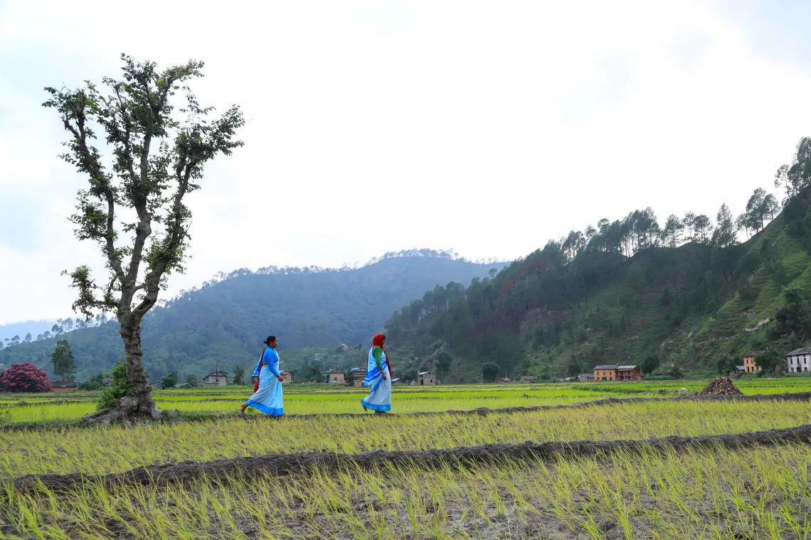 FCHVs walking towards communities in Doti