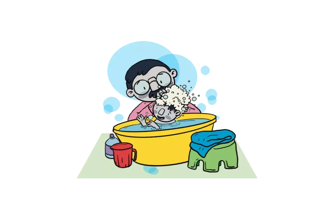 An illustration of a father bathing his son in a playful way