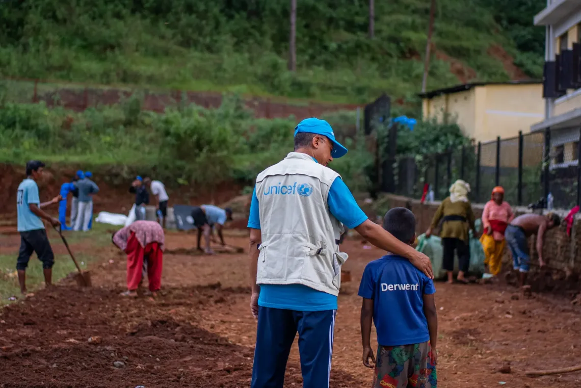 On 14 September 2026, UNICEF staff work with local authorities and workers to set up UNICEF-supported temporary learning centres at Chandra Jyoti Secondary School, Bidur Municipality, Nuwakot District.
