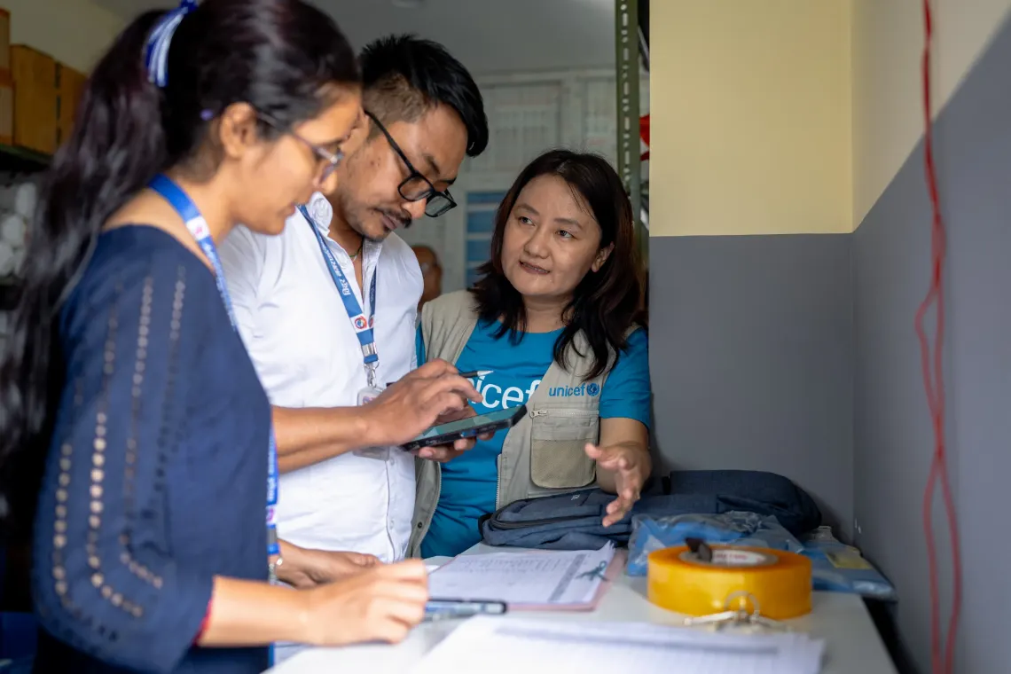 On 11 September 2026, UNICEF staff and health workers pack oral cholera vaccine (OCV) doses at the Bidur Municipality cold storage site for transport to distribution centres across Nuwakot District, Bagmati Province, Nepal.