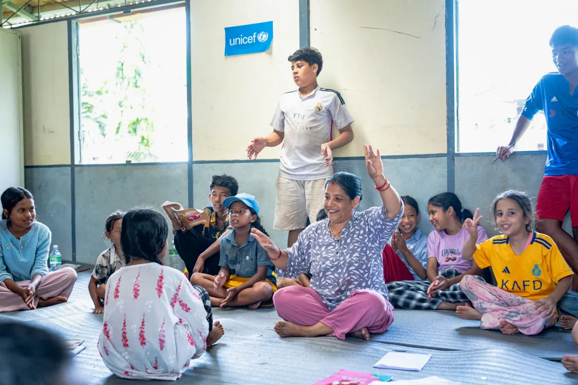 Children affected by the flood on August 26 in newly set-up child-friendly space in Nuwakot