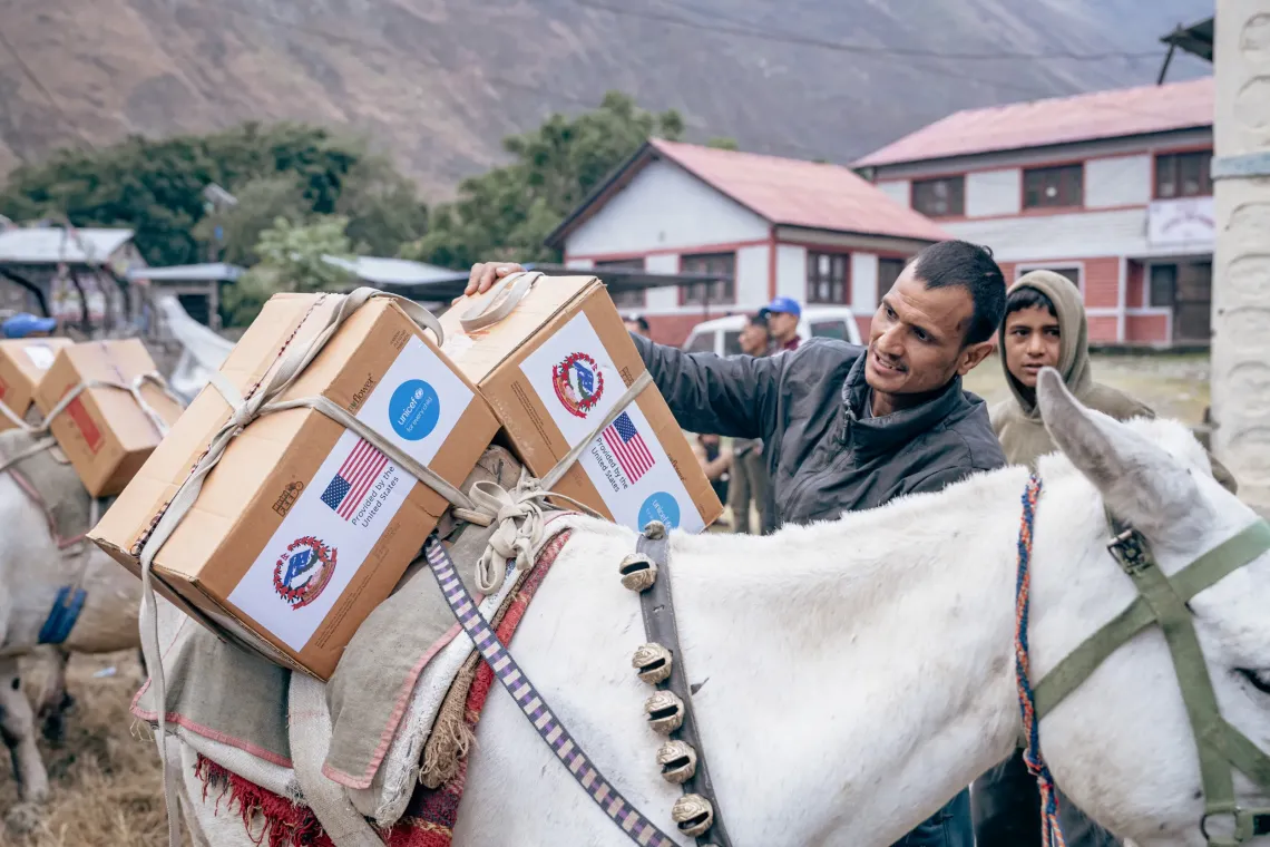 Mules being loaded with life-saving Ready-to-Use Therapeutic Food (RUTF) - provided by the US Government to Nepal through UNICEF - at the Government's Health Services Office in Dunai, Dolpa