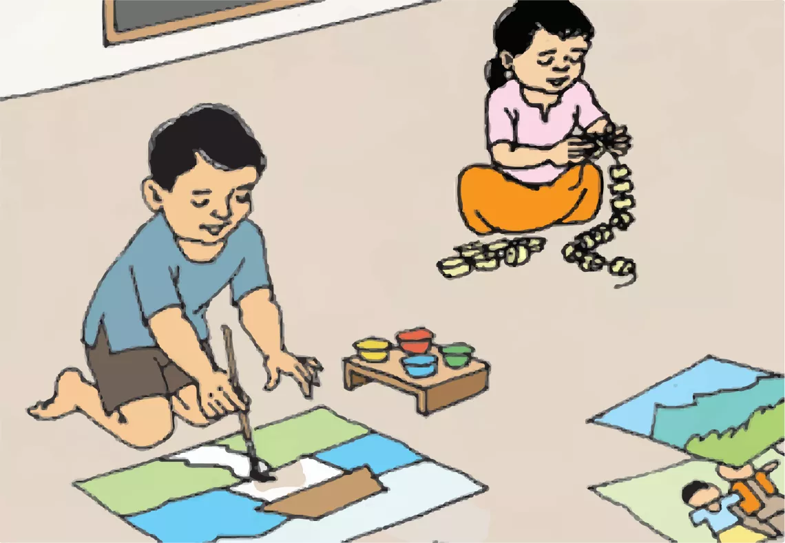 this image shows an illustration of children drawing