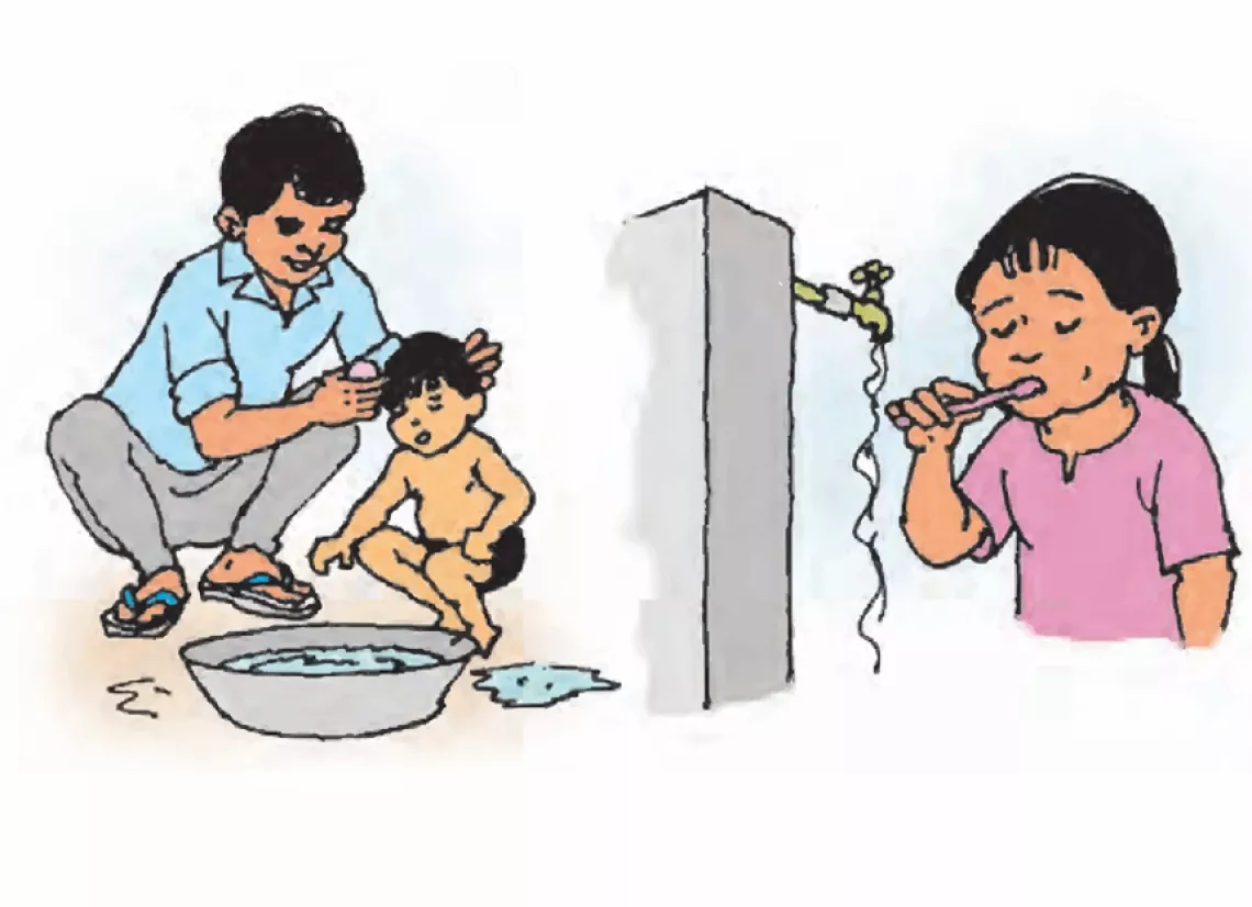 this image shows an illustration of children washing