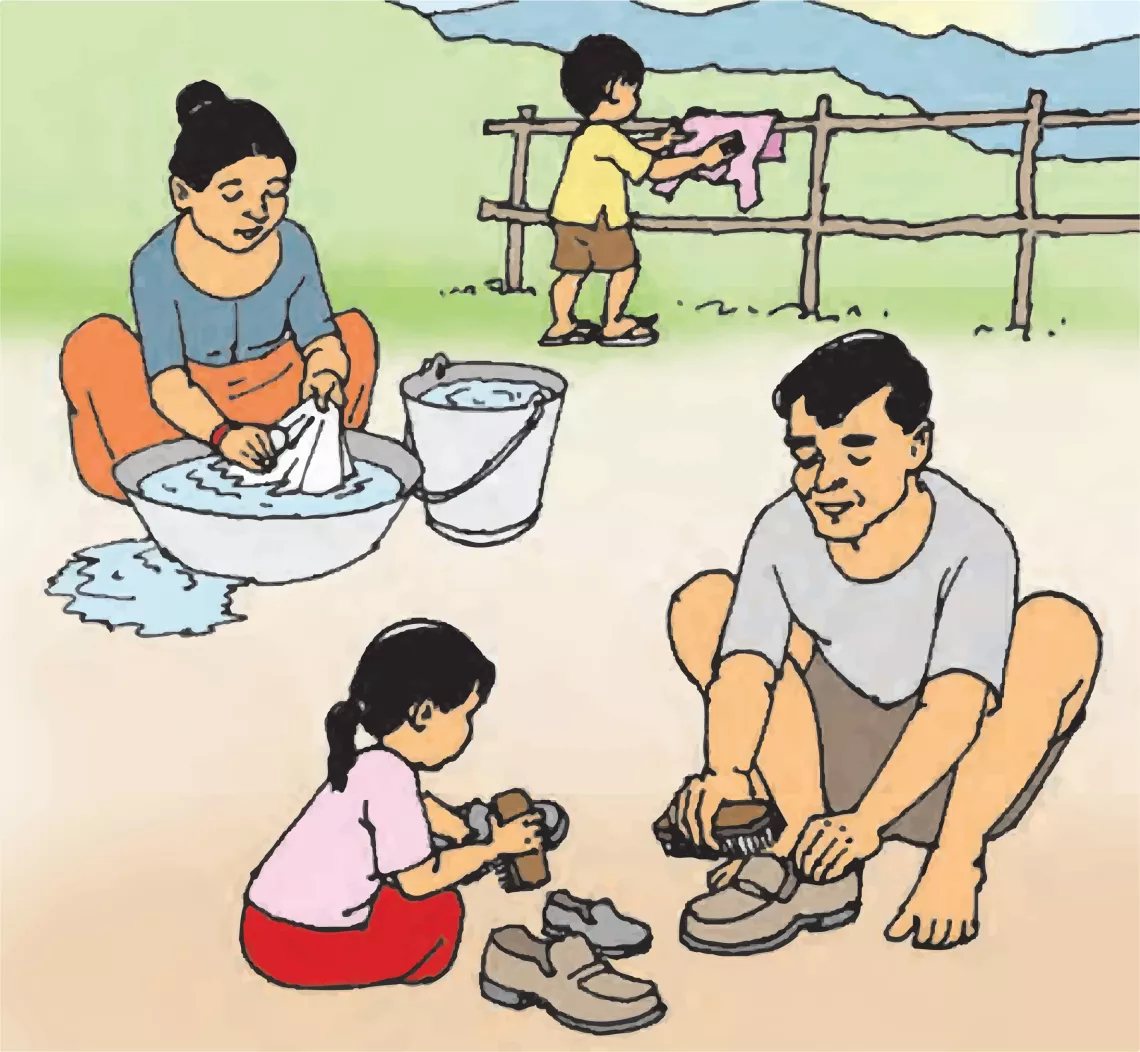 This image shows an illustration of a family cleaning