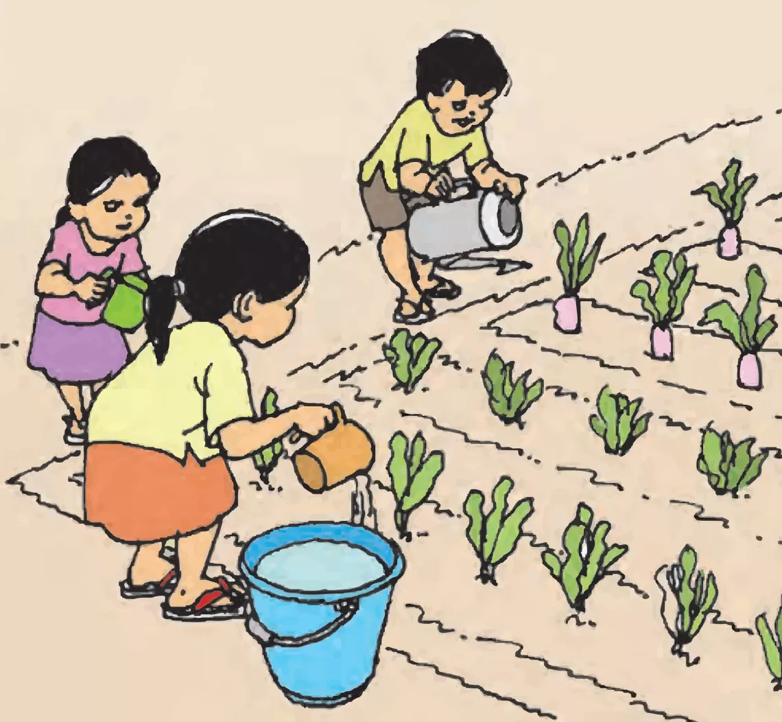 This image shows an illustration of children working in a field