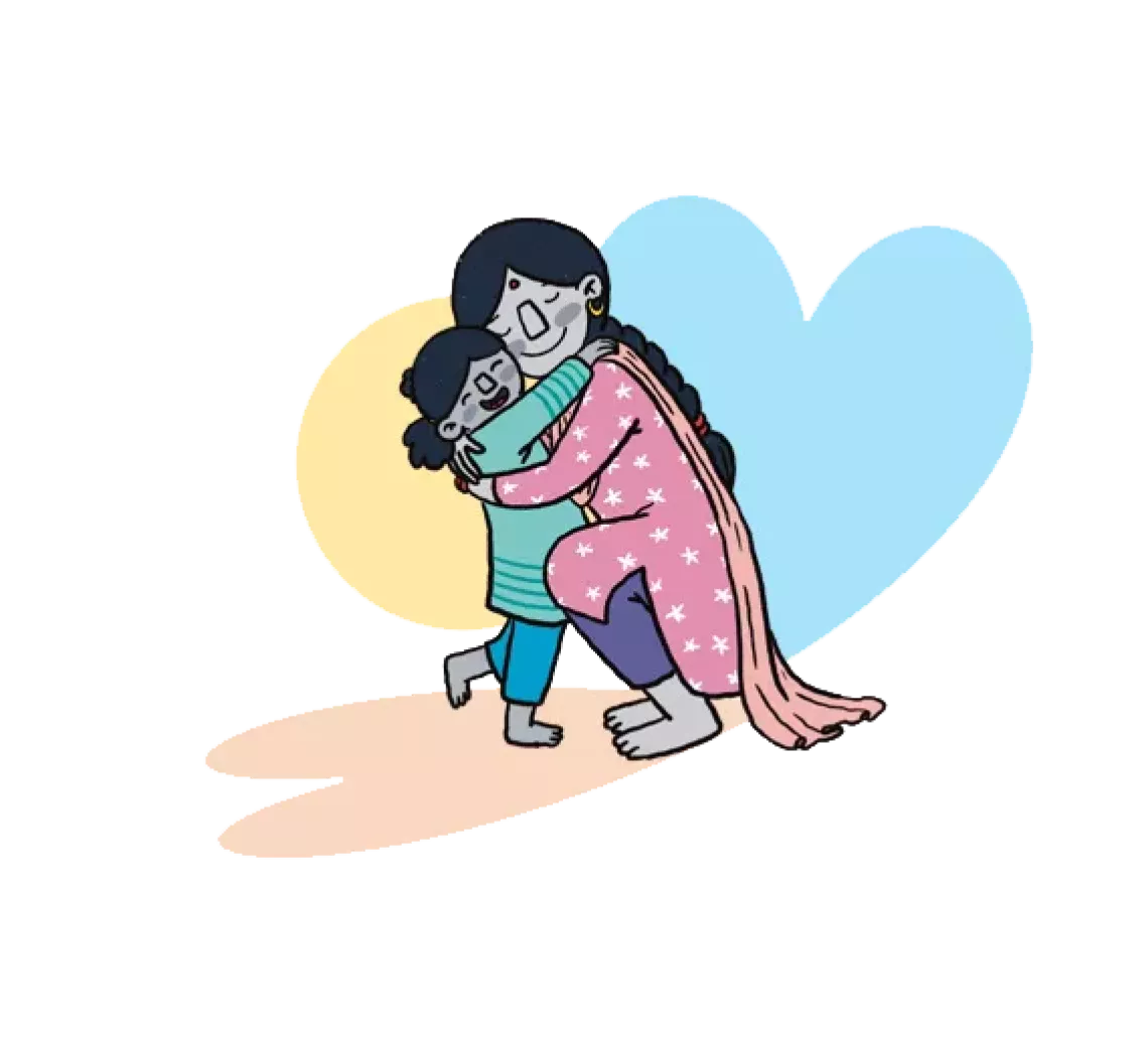 An illustration of a mother hugging her daughter 