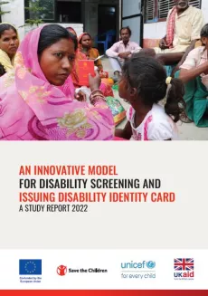 cover of the report showing a mother receiving a disability ID card for her child