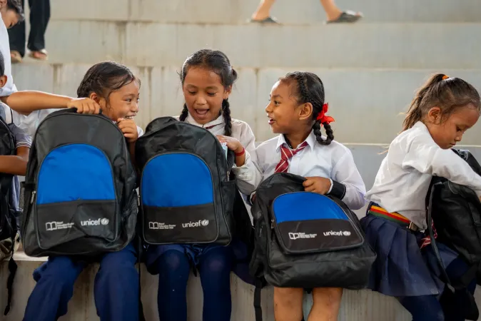 On 22 September 2026, at Tribhuvan Trishuli Secondary School in Nuwakot, Nepal, children return to learning in temporary learning centres or TLCs set up with UNICEF support after devastating floods damaged classrooms and disrupted education in affected communities. 