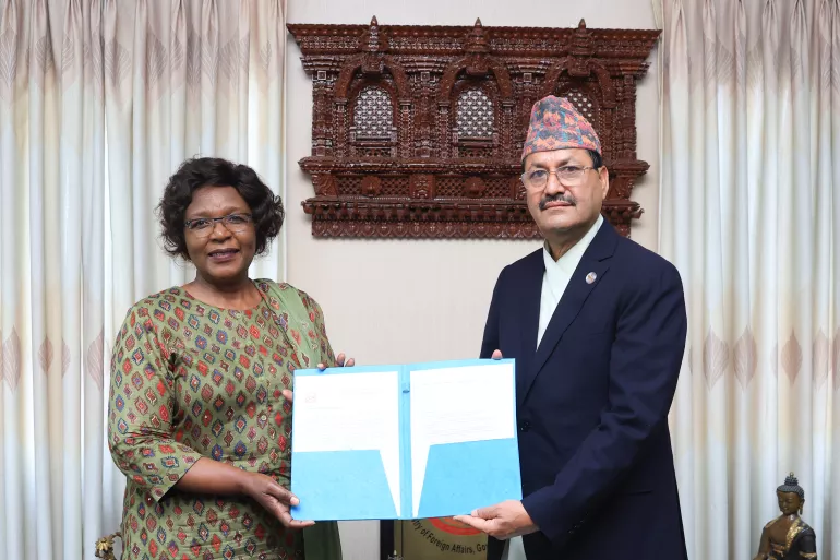 UNICEF Representative to Nepal Ms Alice Akunga presents credentials to Hon. Foreign Minister NP Saud