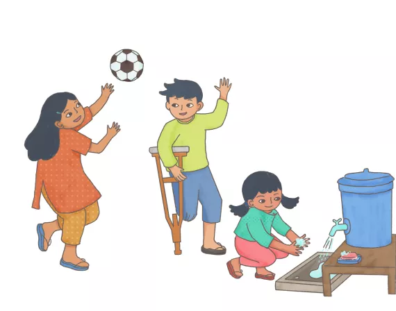 This image shows an illustration of a group of children playing ball and washing hands