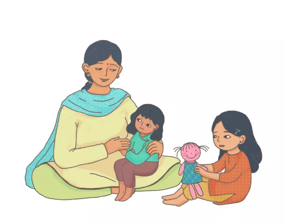 This image shows children with their mother, playing with toys