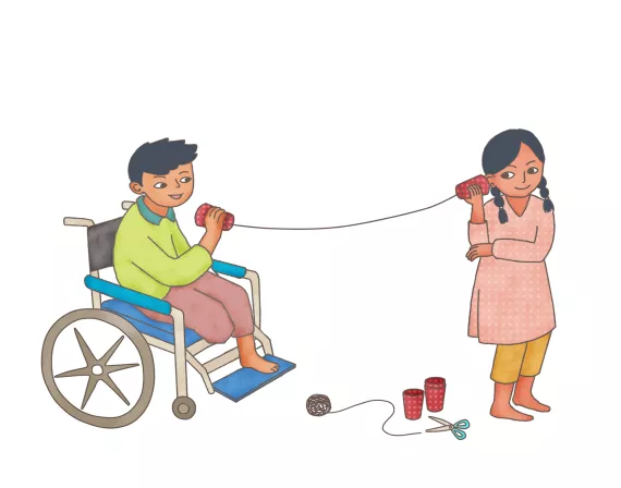 This image shows an illustration of two children playing telephone using string and paper