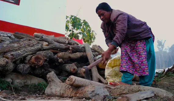 Bhabika chopping woods for her house 
