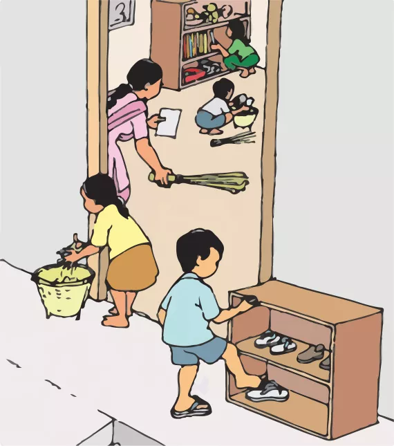 children and teachers cleaning up a classroom