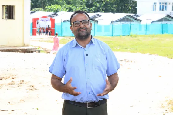 On 22 September 2026, Rajendra Dawadi, Principal, at a UNICEF-supported temporary learning centre at Tribhuvan Trishuli Secondary School in Nuwakot, Nepal.