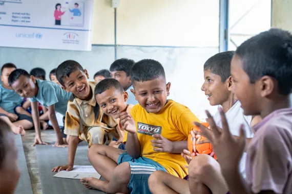 Children in newly set-up child-friendly space in Nuwakot. 