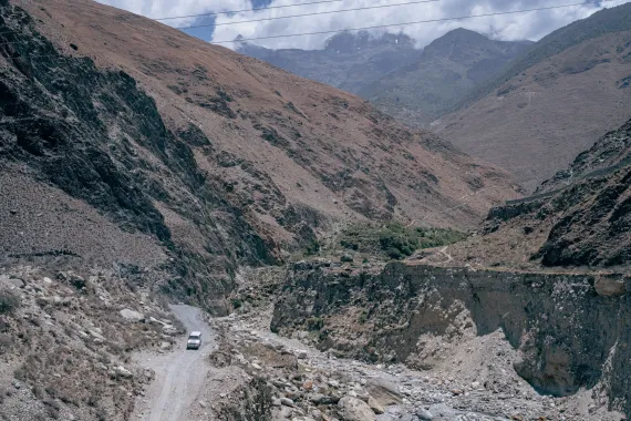 A UNICEF vehicle en route to deliver Ready-to-Use Therapeutic Food (RUTF) provided by the US Government to remote communities in Karnali Province to ensure life-saving nutrition supplies reach children in need.
