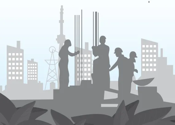 This image shows a silhouette of people working in a factory